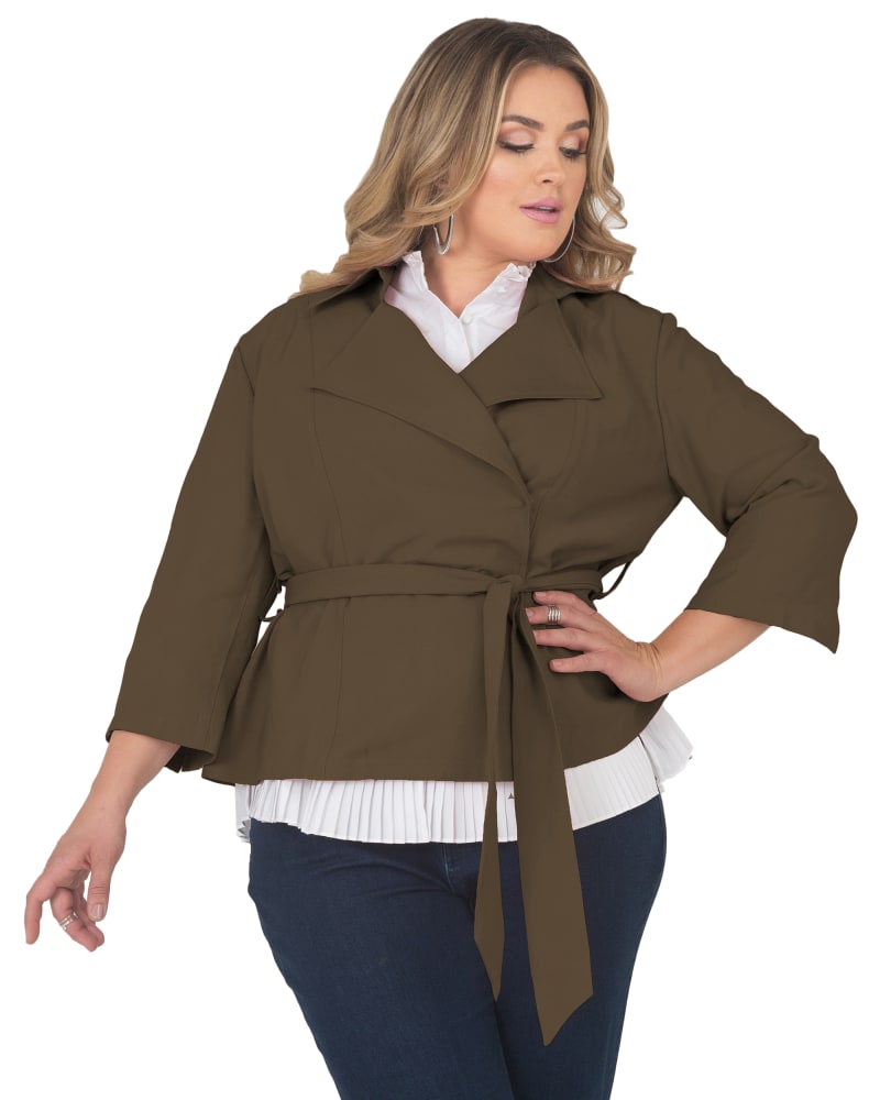 Front of a model wearing a size 1X Elodie Cropped Wrap Trench Jacket in Olive by Standards & Practices. | dia_product_style_image_id:239021